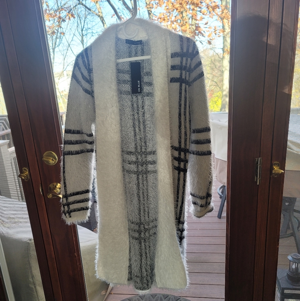 On Blue plaid eyelash sweater cardigan/duster